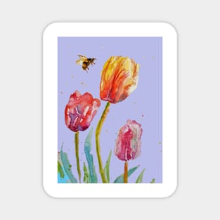 Tulip Flower Watercolor Painting and Bee on Lavender purple Magnet