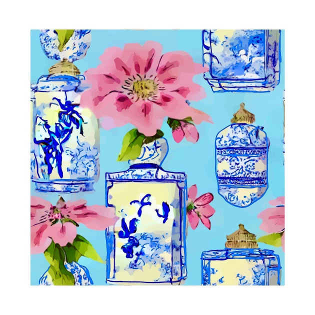 Chinoiserie jars on sky blue by SophieClimaArt