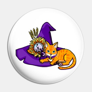 Orange Cat on a Witch Hat (yellow) Pin