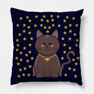 Cute Kawaii Black Cat With Stars Pillow