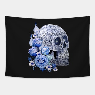 Unique Cool Blue Floral Blue Flowers Skull Tapestry