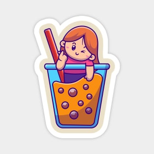 Cute Girl Loving Bubble Tea Cartoon Magnet