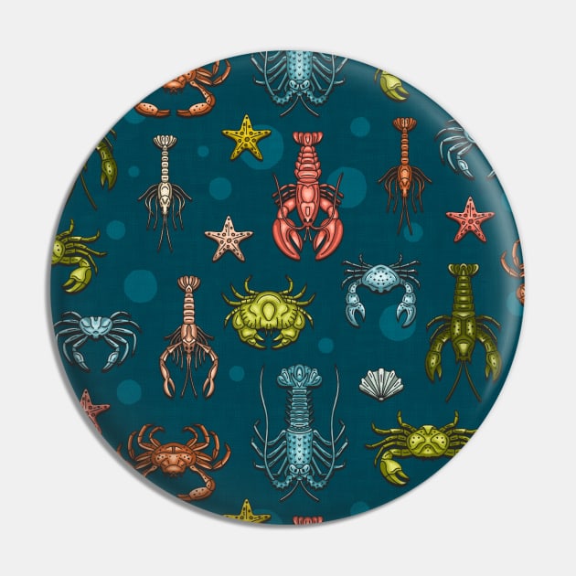 Crabs, Lobsters and Shrimps on Blue Pattern Pin by Simplulina