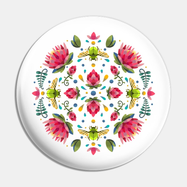 Protea Flower Circle Pattern with Green Beetle Pin by maak and illy