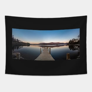 Morning Lake View with Jetty and Mountains Tapestry