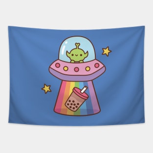 Cute Alien Abducts Bubble Tea Funny Tapestry