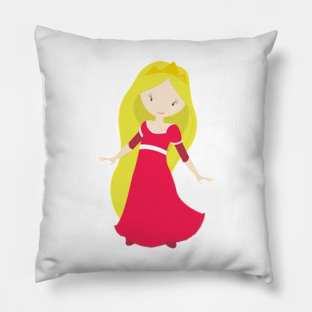 Cute Princess, Crown, Blonde Hair, Red Dress Pillow by Jelena Dunčević