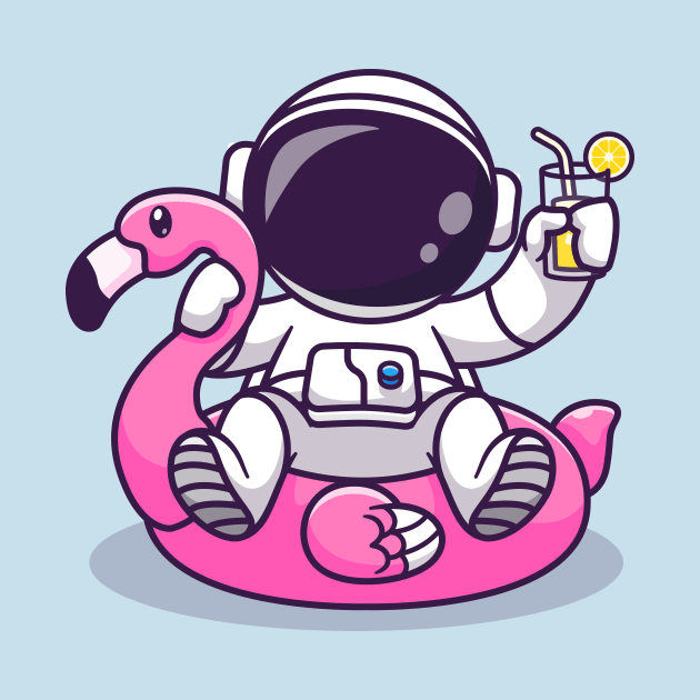 Cute Astronaut On Flamingo Swimming Tires And Orange Juice Cartoon by Catalyst Labs