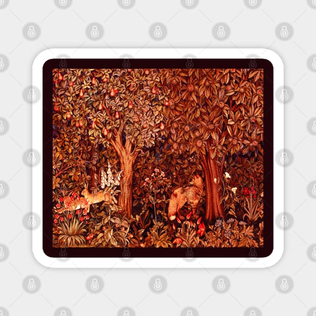 AUTUMN FOREST ANIMALS Fox and Hares Red Brown Floral Tapestry Magnet by BulganLumini