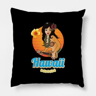 Hawaii Hula Girl with Ukulele Sunset Pillow