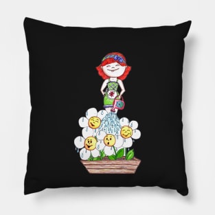 Girl Watering Flowers Pillow