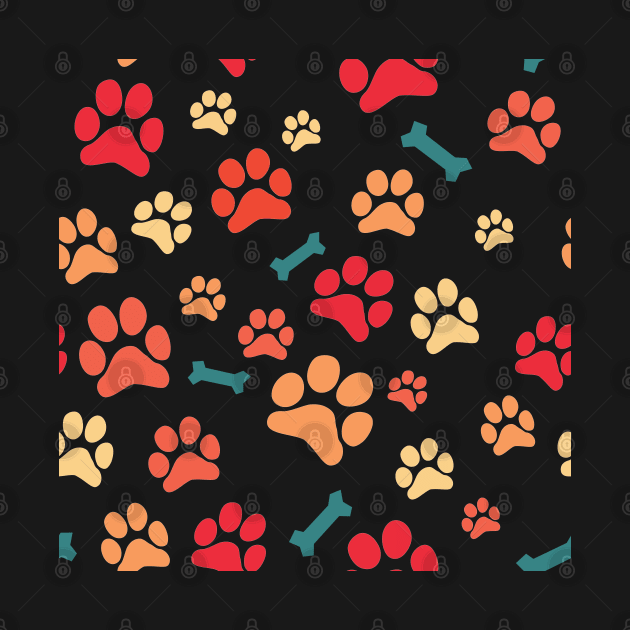 Autumn Color Puppy Paw Prints and Bones On Black Pattern by SubtleSplit