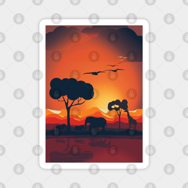 Landscape of a sunset in an african savanna Magnet by Nosa rez