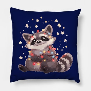Cute Raccoon with Christmas Lights Pillow