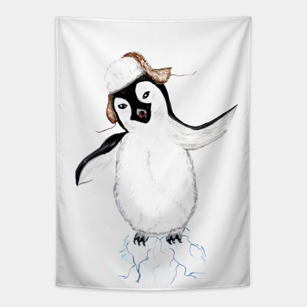 Cartoon penguin on iceberg Tapestry by AnnArtshock