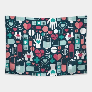 Keep safe be healthy // navy blue background aqua mint red white and coral medicine elements Tapestry