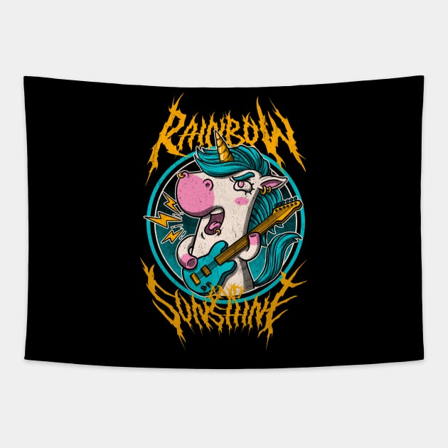 Rainbow and Sunshine - Cute Metal Band Unicorn Tapestry by Studio Mootant