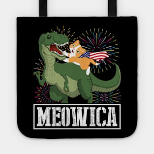 Cat With US Flag Riding Dinosaur And Fireworks MEOWICA Happy Independence July 4th Day American Cats Tote