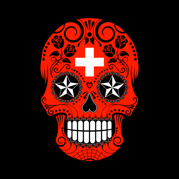 Swiss Flag Sugar Skull with Roses by jeffbartels