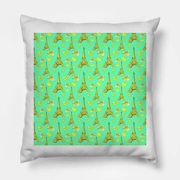 Girly Eiffel Tower Pattern in Watercolours Seamless Mint Pillow by ArtInPi