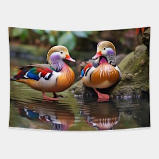 Mandarin duck Animal Bird Wildlife Wilderness Colorful Realistic Illustration Tapestry