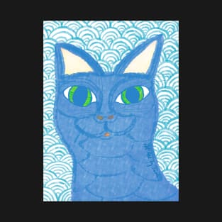 Blue cat with Japanese waves T-Shirt