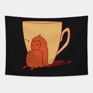 Sleepy Owl and Cup Orange Tapestry