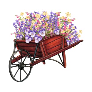 BEAUTIFUL BUNCHES OF VIOLET AND YELLOW SPRING FLOWERS IN WHEELBARROW T-Shirt