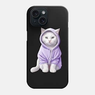 White British shorthair cat wearing purple hoodie Phone Case