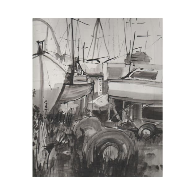 Boatyard, sketch of the boatyard, Uphill, North Somerset by krisevansart