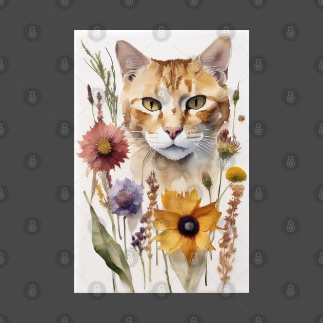 Watercolor Cat With Pressed Wild Flowers by JonHale