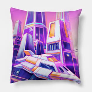 Spaceship With Pink Sky Futuristic Synthwave City Pillow