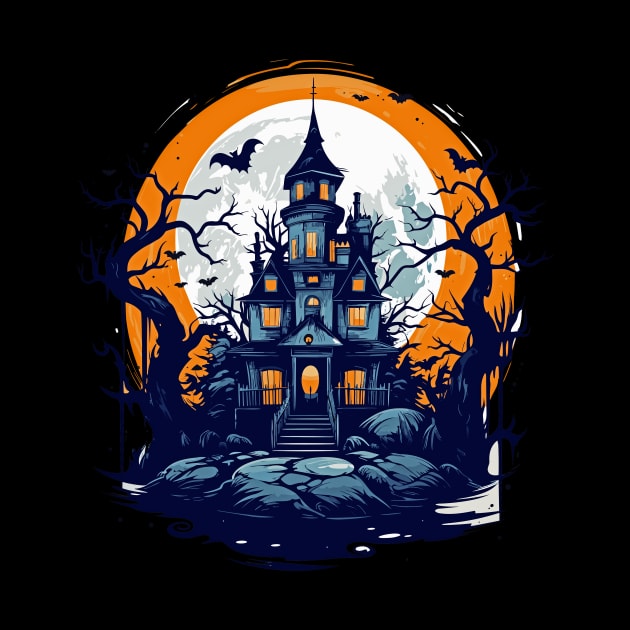 Halloween Haunted House Under a Full Moon by Tees 4 Thee
