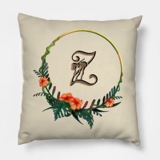 Tropical flower frame, circular, letter Z with girl figure Pillow