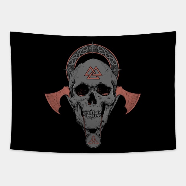 Viking Skull Nordic Scandinavian Pagan Symbols Tapestry by Blue Pagan