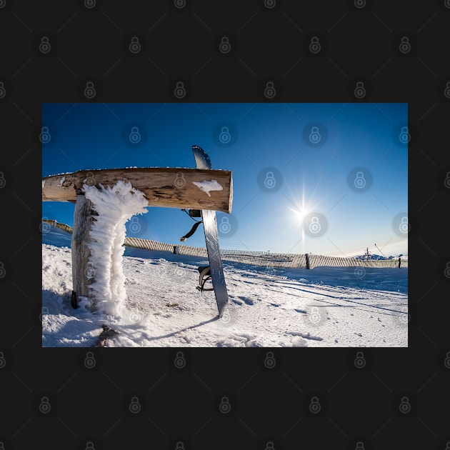 Snowboard leaning on a wood rail by homydesign