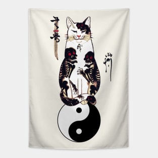 JAPANESE CAT IN SKULL,SKELETON TATTOOS ON YIN YANG SYMBOL Tapestry