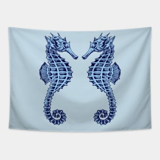 Symmetrical Seahorses Mirrored Face To Face Blue Tapestry