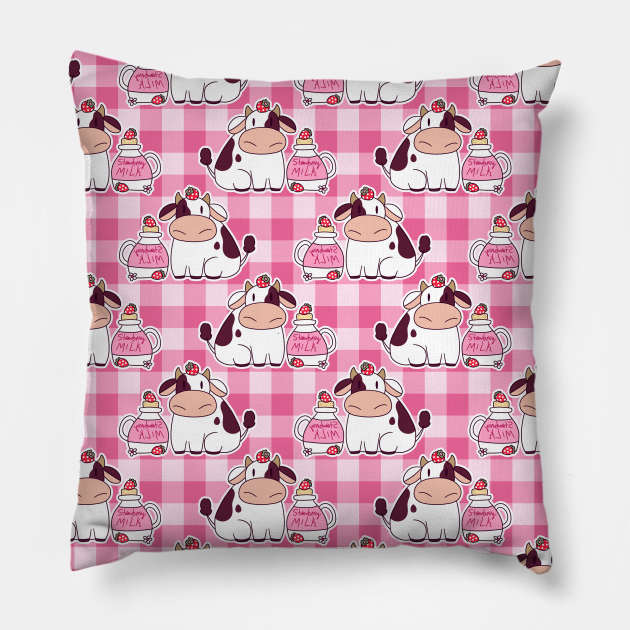 Strawberry Milk Cow Pink Gingham Pattern Pillow by saradaboru