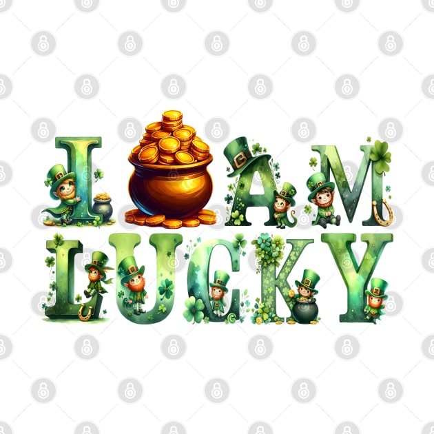 I am lucky watercolor pretty Leprechaun Pot Of Golden coins cute alphabet Irish Cultural St Patrick's Day Shamrock 4 leaf clover green letter by First Phenixs