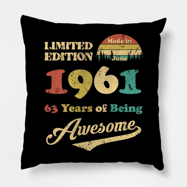 Made In June 1961 63 Years Of Being Awesome Vintage 63rd Birthday Pillow by ladonna marchand