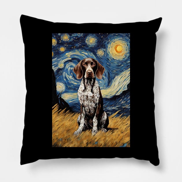 Cute Gsp German Shorthaired Pointer Dog Breed Painting in a Van Gogh Starry Night Art Style Pillow by Art-Jiyuu