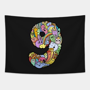 Number 9 nine -Funny and Colorful Cute Monster Creatures Tapestry