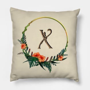 Letter X with circle frame, girl figure and tropical flowers Pillow