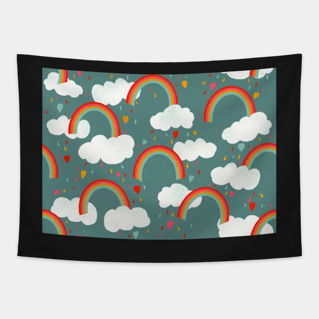 Clouds, rainbows and love hearts on a pink background Tapestry by NattyDesigns