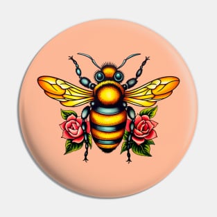 Vintage Bee and Roses Flash Tattoo Pin