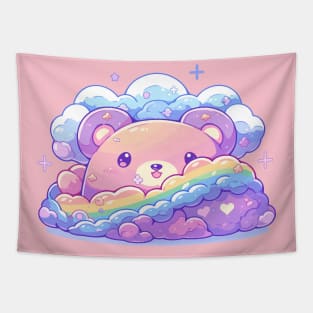 Cute Cuddly Kawaii Rainbow In The Clouds Baby Bear Cub Tapestry