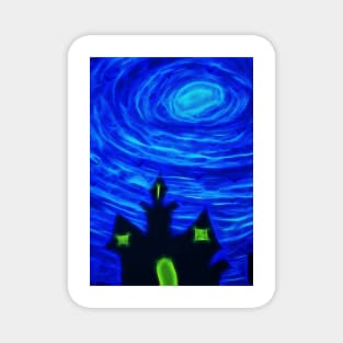stylized haunted house silhouetted against a blue sky Magnet