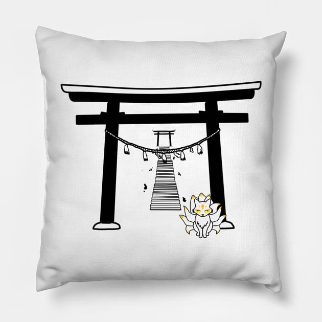 Black Kitsune Shrine Stairs Pillow by chillayx