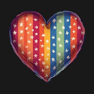 American Pride - Rainbow Colored Stars and Stripes Heart - Pink White and Blue - LGBTQ T-Shirt